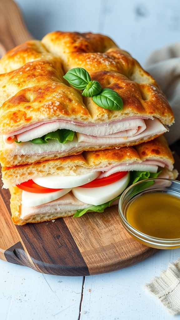 A focaccia bread sandwich filled with turkey, mozzarella, tomatoes, and lettuce on a wooden board.